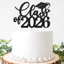 Black Glittering Grad Class of 2026 Cake Pick Topper